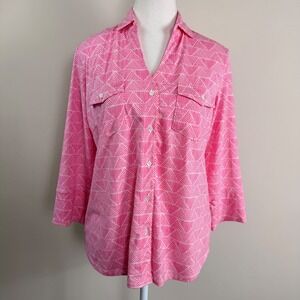 J.McLaughlin Pink Geometric Triangle Print Button Down Shirt 3/4 Sleeve Medium